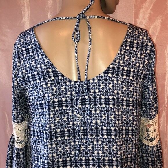 ING Blue White Tunic Top Dress Size Small S Bell Sleeves Scoop Neck - Picture 7 of 11